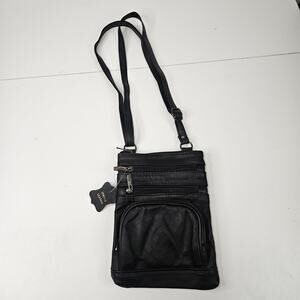 Vtg Genuine Leather Small Crossbody Multi-Compartment Organizer Bag Black 8x6"